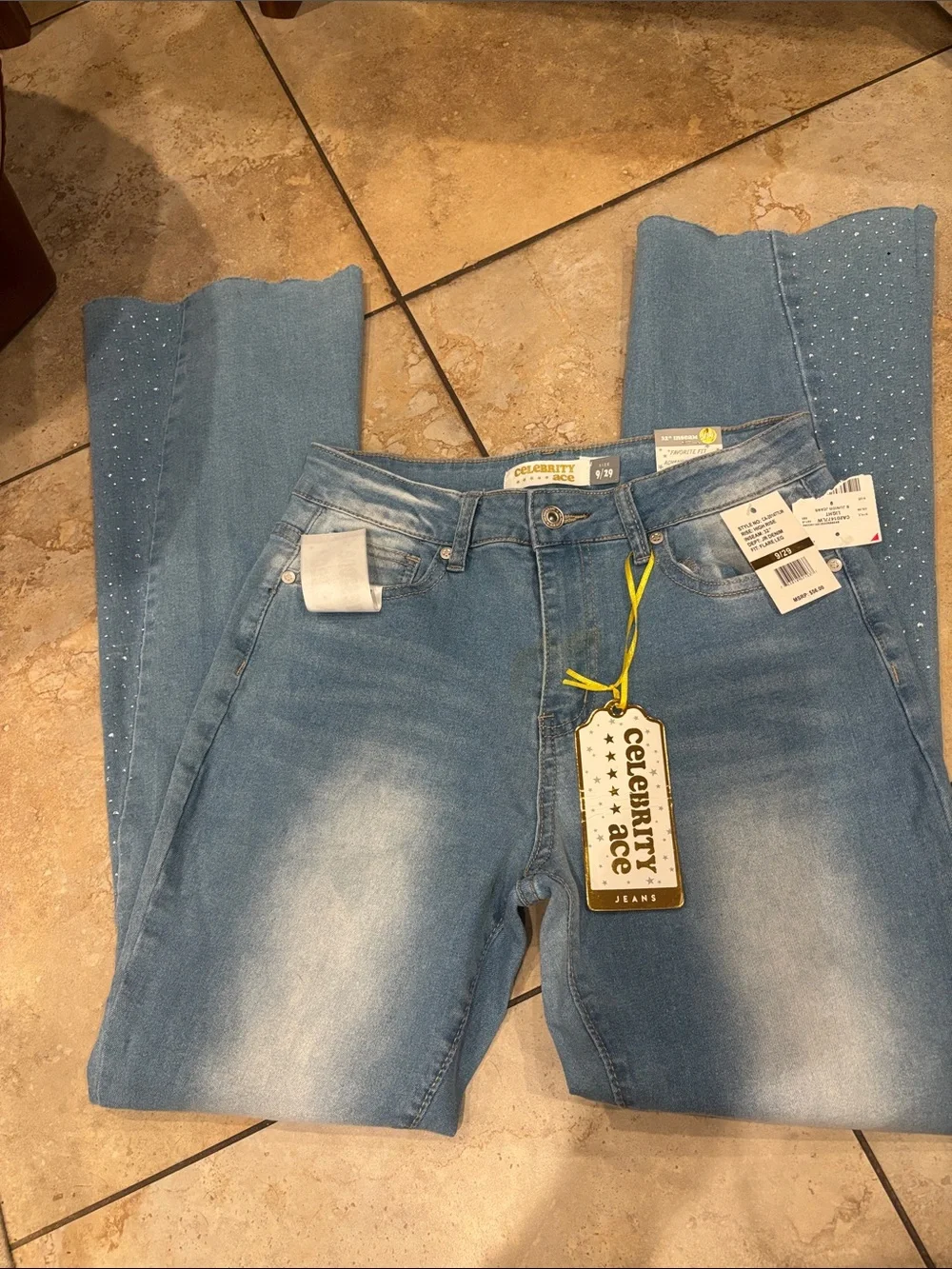 Celebrity Ace Women’s Light Blue Rhinestone bell Bottom Jeans size 9/29 NEW